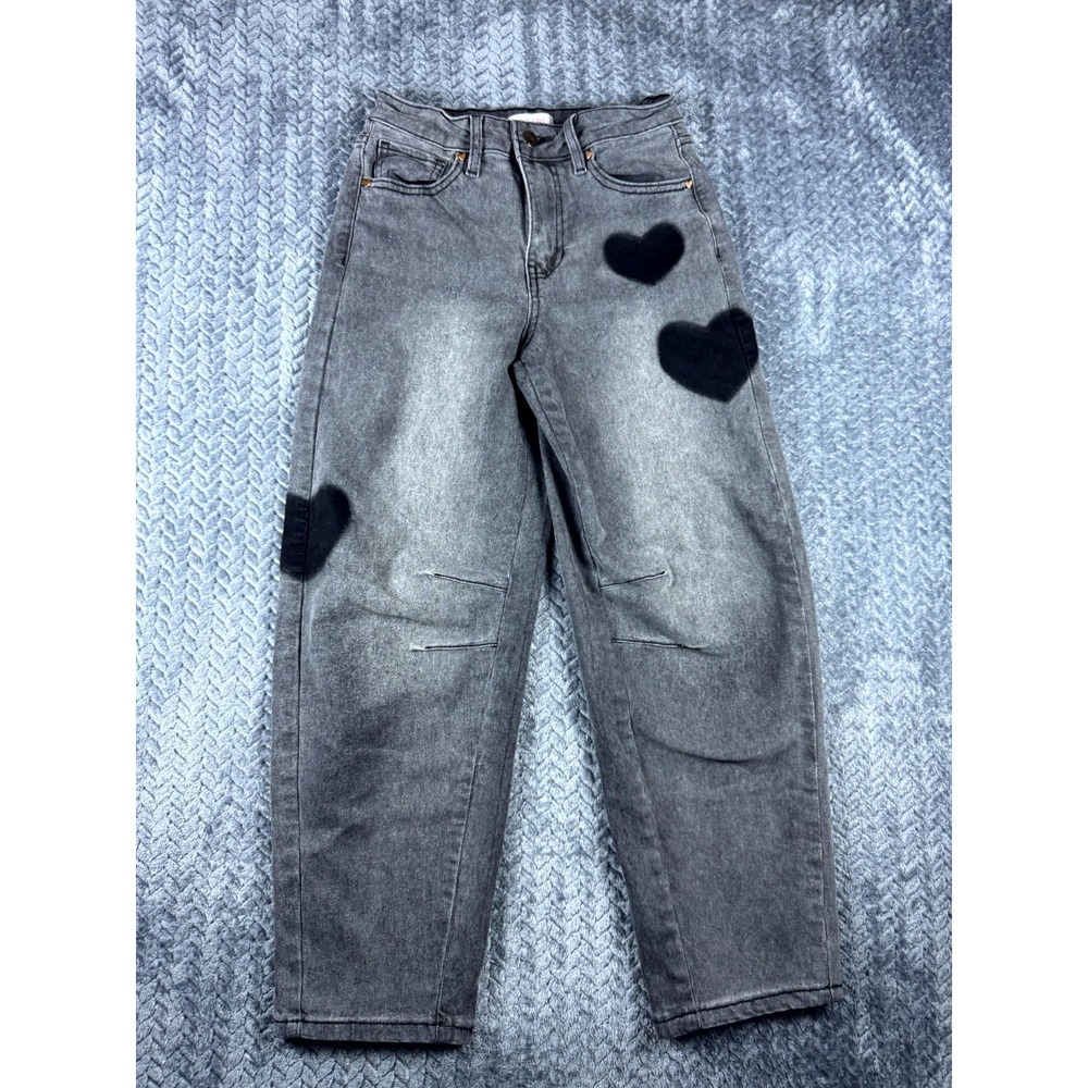 YMI Barrel Leg Jeans Girls 12 Gray Black Heart Print Dark Wash Pockets Stretch